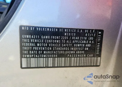 2013 Volkswagen Jetta Se z USA, uszkodzony, nr VIN 3VWDP7AJ7DM209698